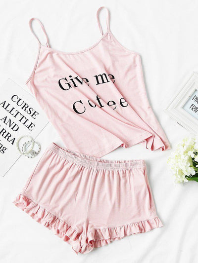 Letter Print Cami And Ruffle Shorts Pajama Set-loungewear-Des Mess