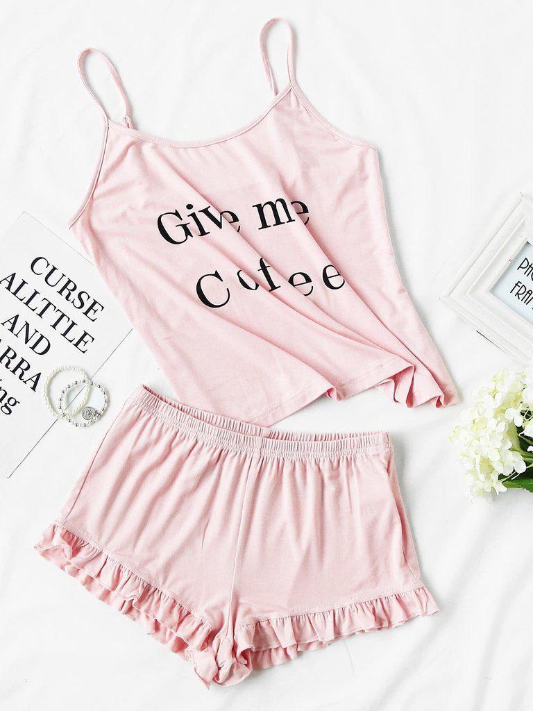 Letter Print Cami And Ruffle Shorts Pajama Set-loungewear-Des Mess