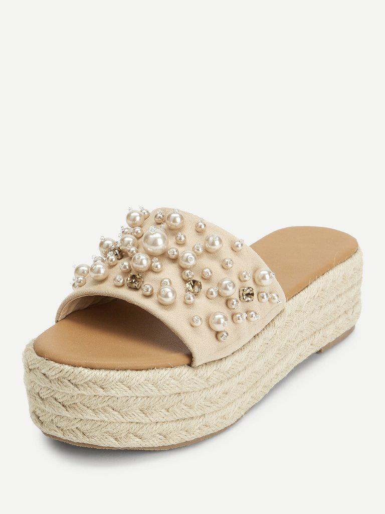 Faux Pearl Espadrille Platform Wedges-shoes-Des Mess