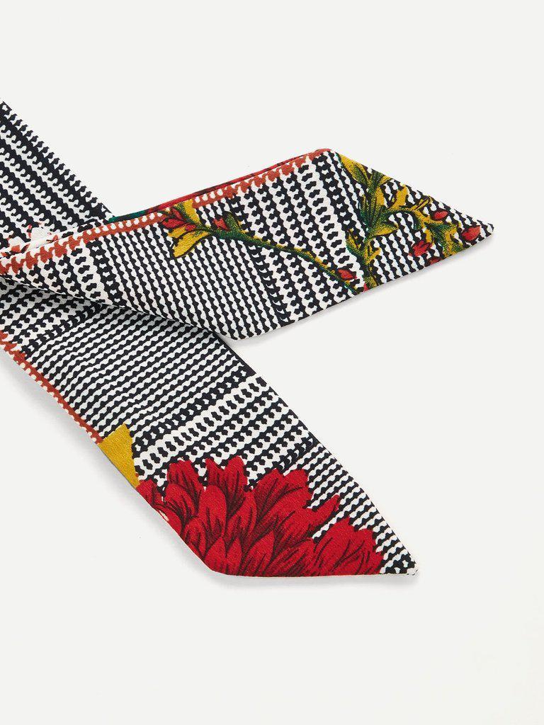 Houndstooth & Flower Print Skinny Scarf-accessories-Des Mess