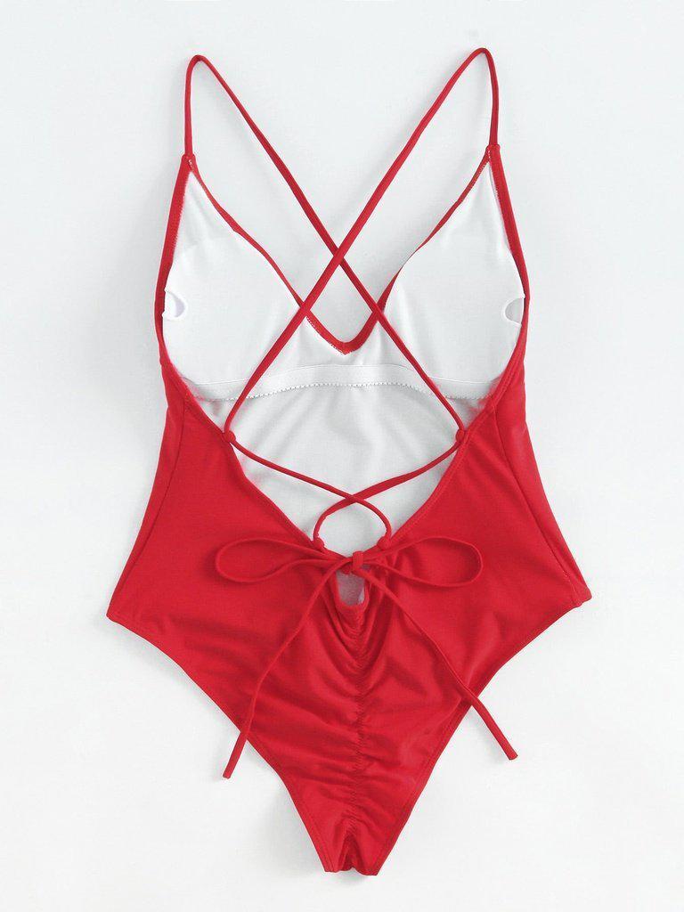 Criss Cross Back Ruched Detail Plunge Swimsuit-swimwear-Des Mess