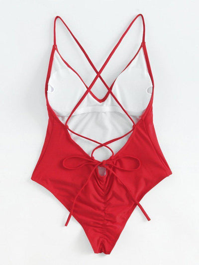 Criss Cross Back Ruched Detail Plunge Swimsuit-swimwear-Des Mess