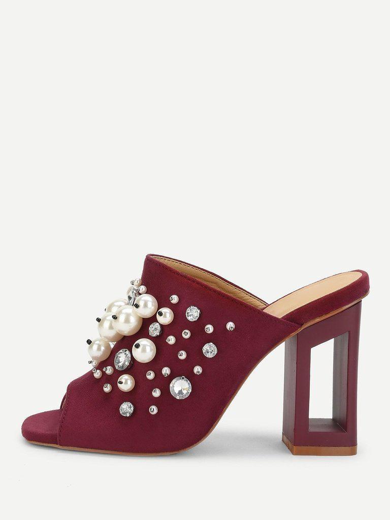 Faux Pearl Decorated Chunky Heeled Mules-shoes-Des Mess
