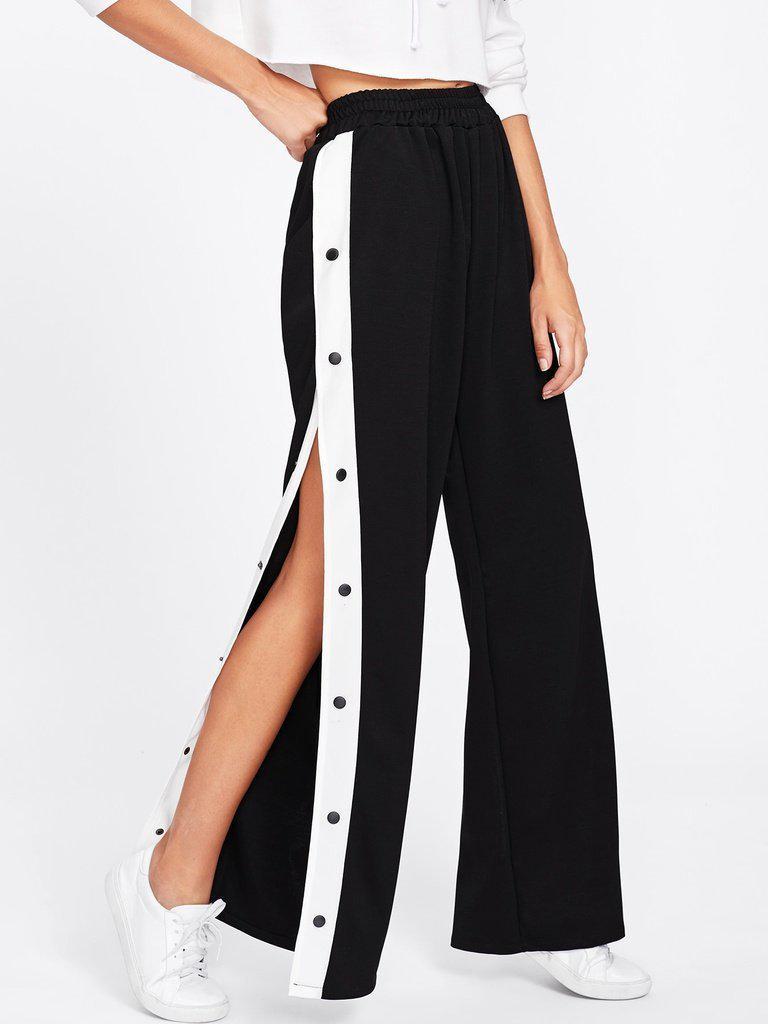 Tape Button Side Wide Leg Pants-bottom-Des Mess