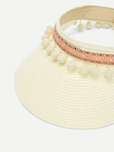 Pom Pom Trim Straw Visor Hat-accessories-Des Mess