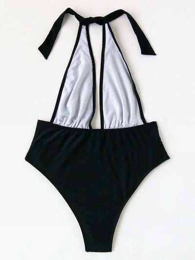 Plunge Neckline Halter Monokini-swimwear-Des Mess