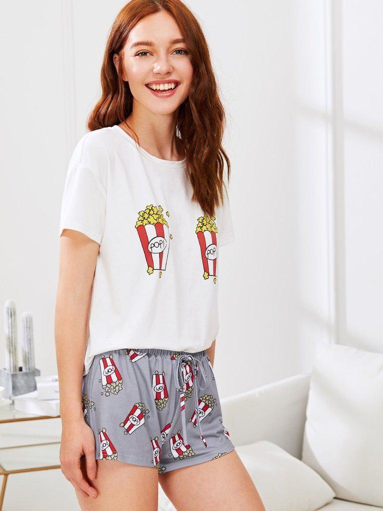 Popcorn Print Top And Shorts PJ Set-loungewear-Des Mess