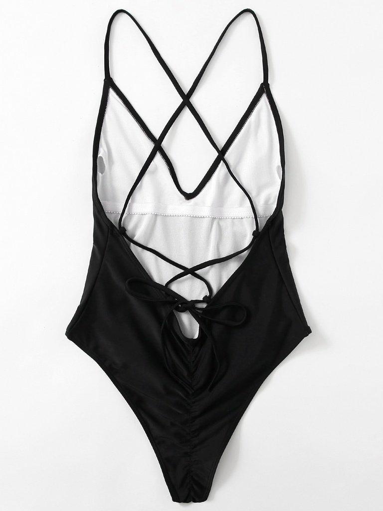 Cross Back Ruched Detail Plunge Swimsuit-swimwear-Des Mess
