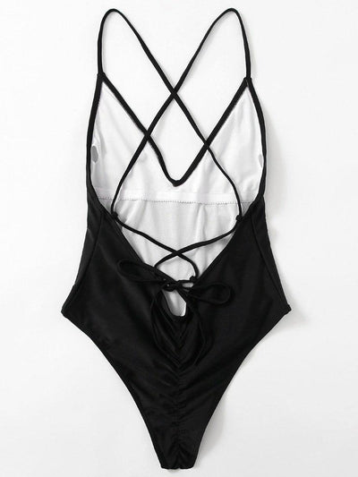 Cross Back Ruched Detail Plunge Swimsuit-swimwear-Des Mess
