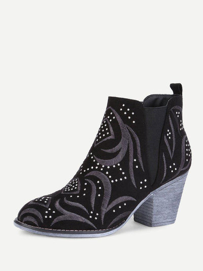 Embroidery Detail Block Heeled Ankle Boots-shoes-Des Mess