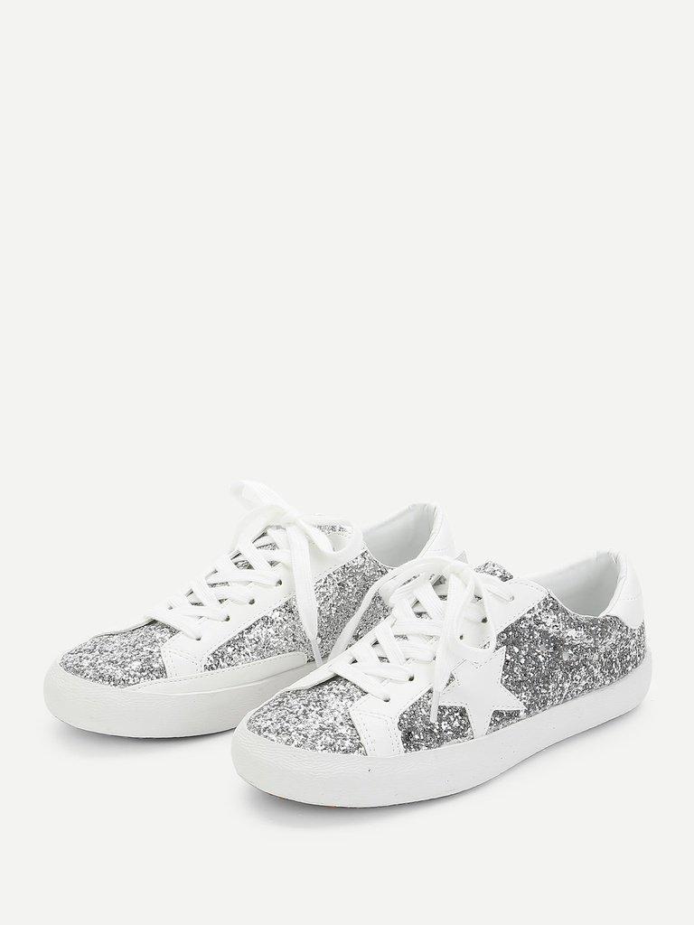 Star Patch Glitter Lace Up Sneakers-shoes-Des Mess