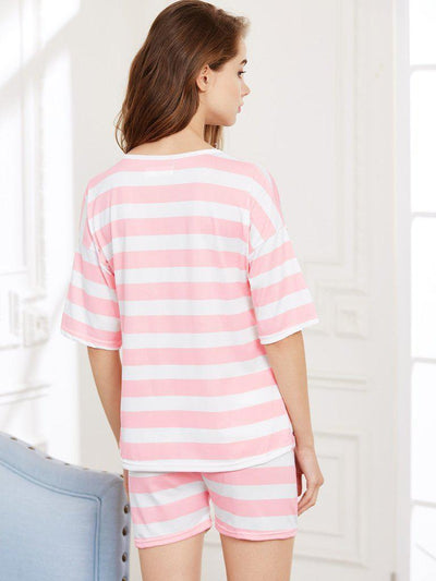 Contrast Striped Tee And Shorts Pajama Set-loungewear-Des Mess