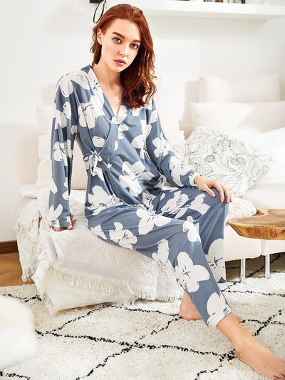 Florals Wrap Top & Pants Pj Set-loungewear-Des Mess