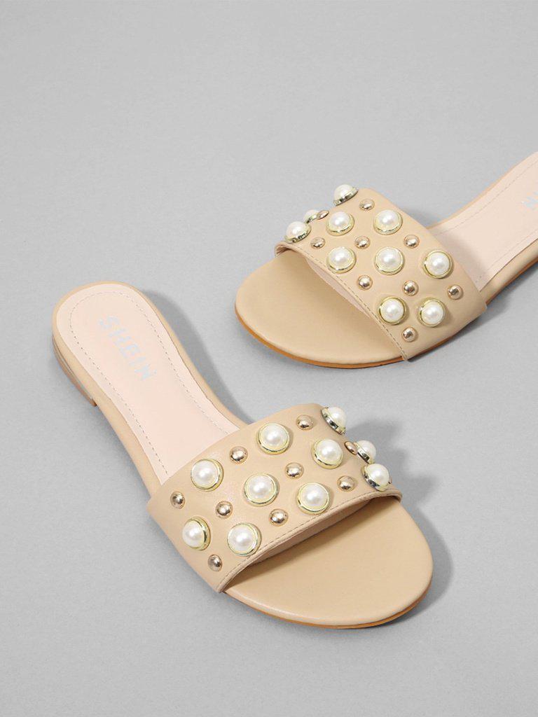Faux Pearl & Studded Flat Slides-shoes-Des Mess