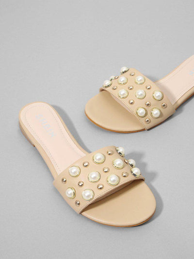 Faux Pearl & Studded Flat Slides-shoes-Des Mess