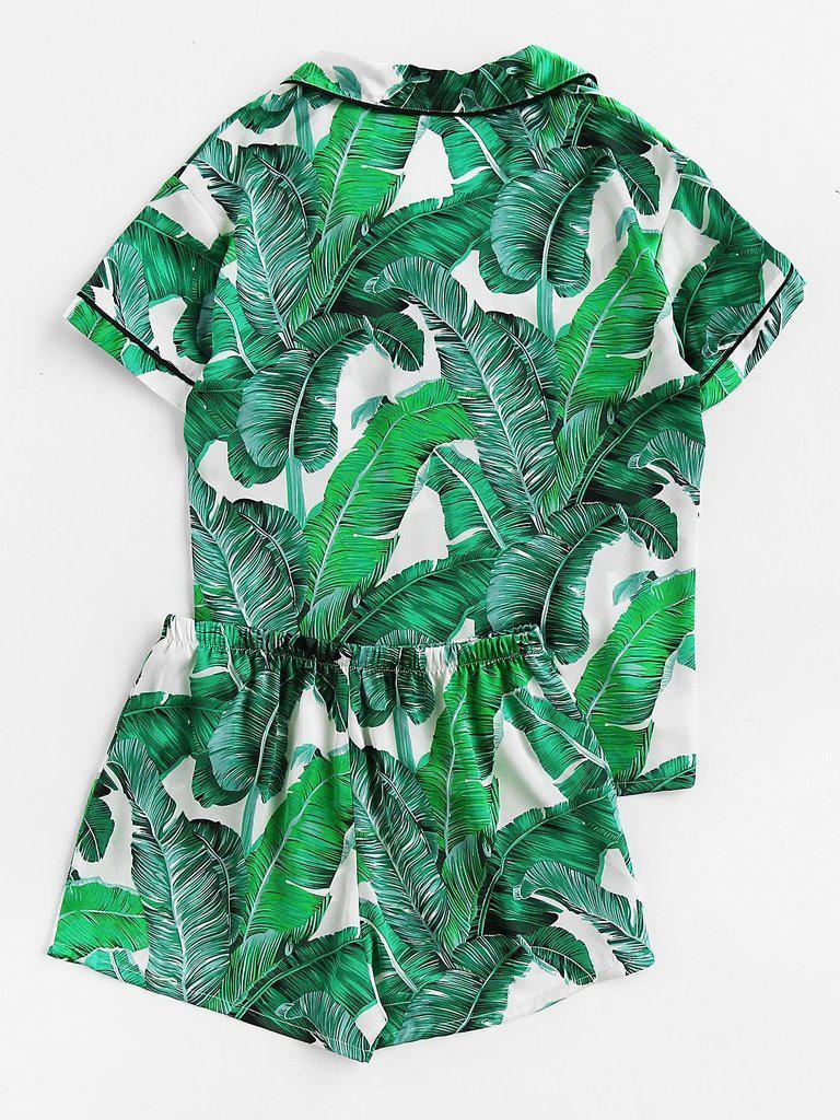 Palm Leaf Print Revere Collar Pajama Set-loungewear-Des Mess