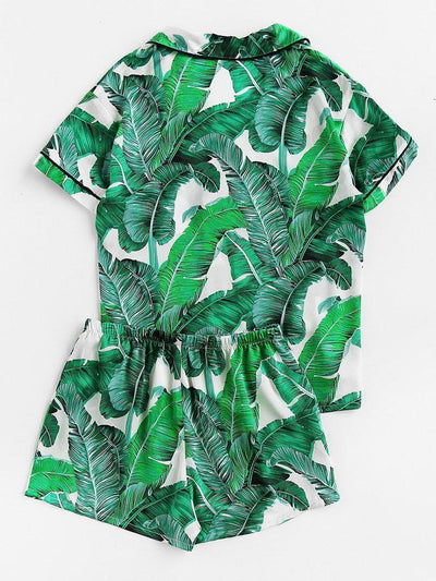 Palm Leaf Print Revere Collar Pajama Set-loungewear-Des Mess