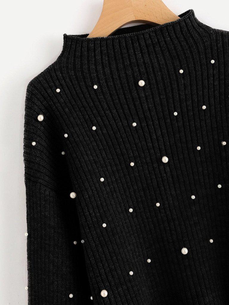 Pearl Embellished Exaggerated Bishop Sleeve Ribbed Sweater-outerwear-Des Mess