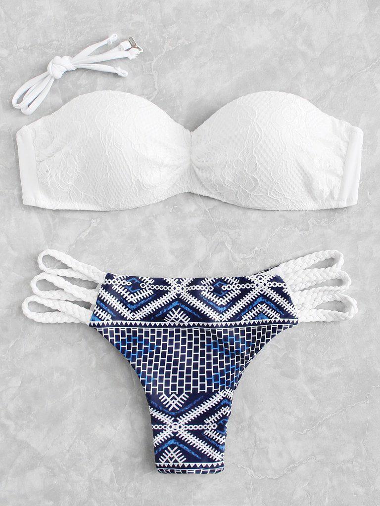 Lace Overlay Geometric Pattern Bikini Set-swimwear-Des Mess