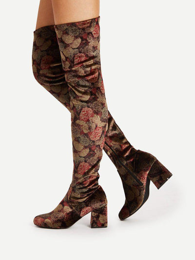 Mix Pattern Over Knee Block Heeled Boots-shoes-Des Mess