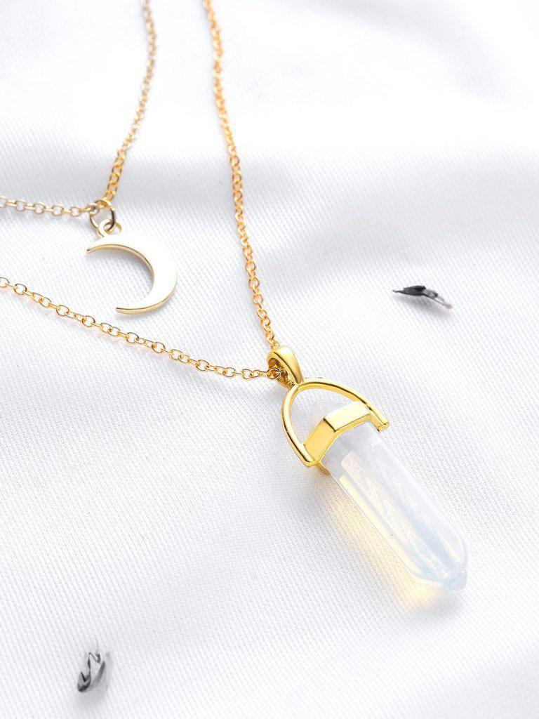 Gold Crystal And Crescent Pendant Layered Necklace-jewelry-Des Mess