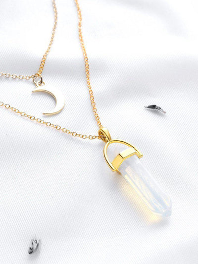 Gold Crystal And Crescent Pendant Layered Necklace-jewelry-Des Mess