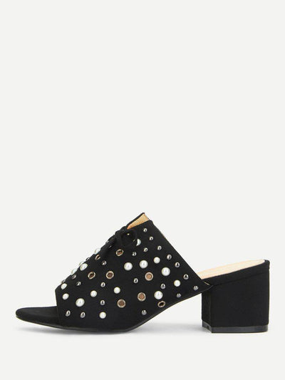 Faux Pearl Chunky Heeled Mules-shoes-Des Mess