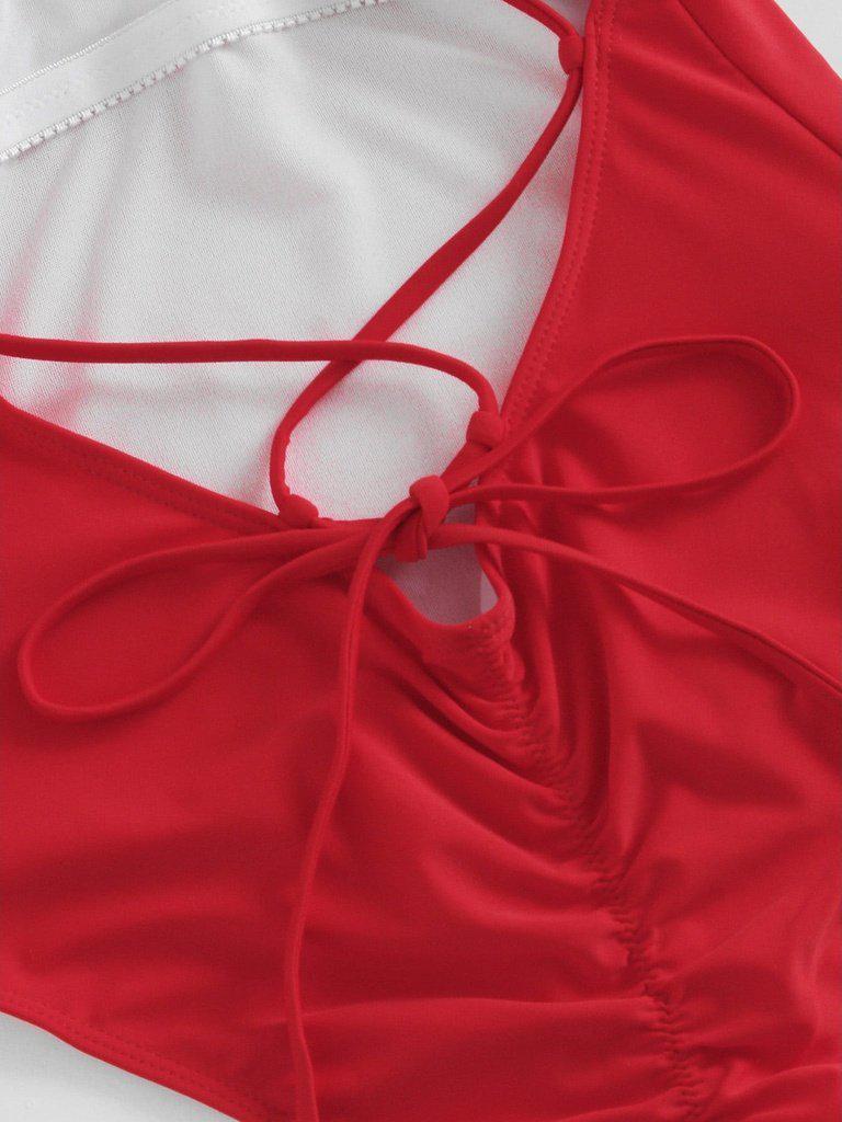 Criss Cross Back Ruched Detail Plunge Swimsuit-swimwear-Des Mess