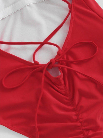 Criss Cross Back Ruched Detail Plunge Swimsuit-swimwear-Des Mess