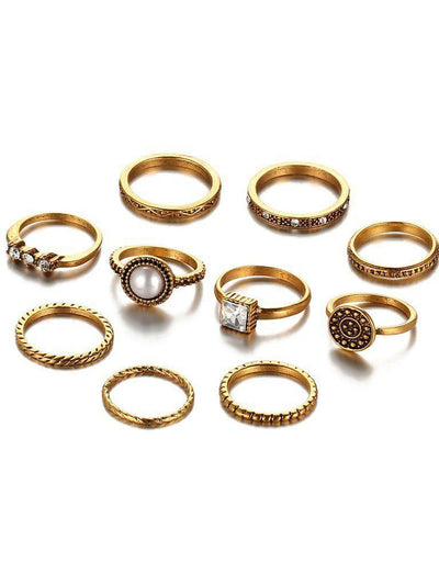 Faux Pearl & Gemstone Detail Ring Set-jewelry-Des Mess