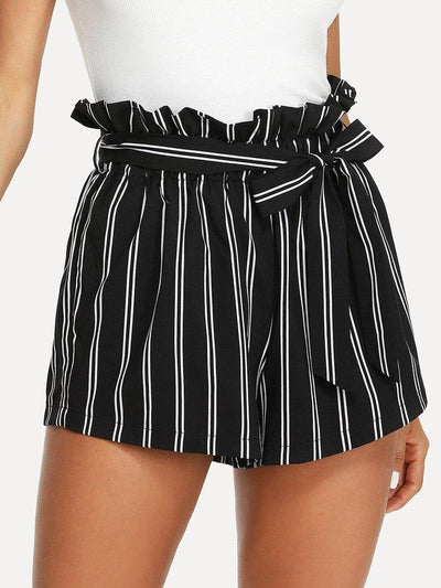 Belted Ruffle Waist Striped Shorts-bottom-Des Mess