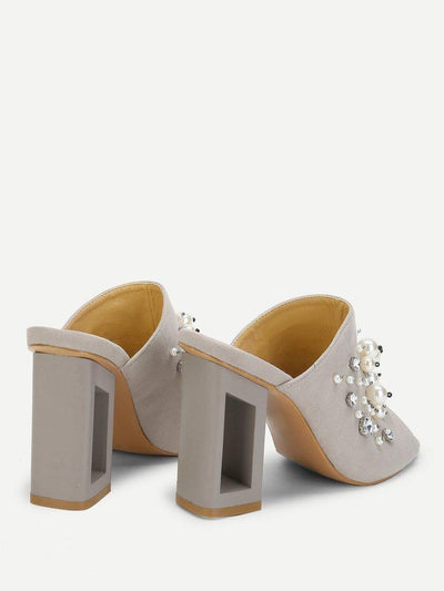 Faux Pearl Decorated Chunky Heeled Mules-shoes-Des Mess