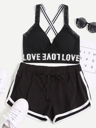 Print Wide Band Lace Trim Crisscross Sports Bra-sportswear-Des Mess