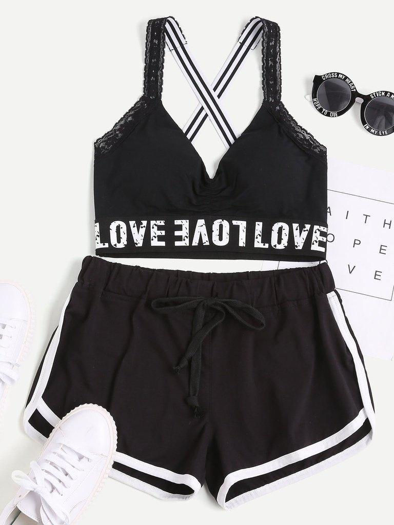 Print Wide Band Lace Trim Crisscross Sports Bra-sportswear-Des Mess