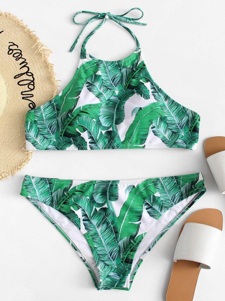 Palm Leaf Print Halter Neck Bikini Set-swimwear-Des Mess