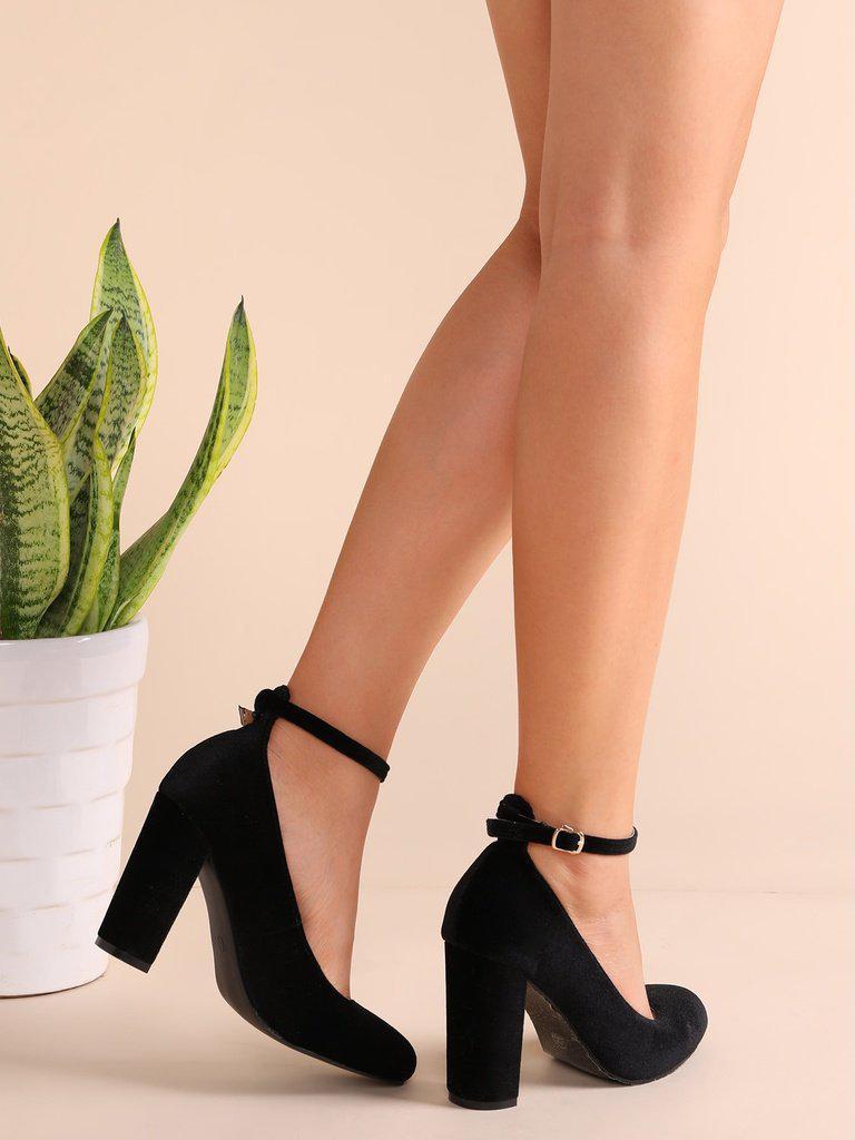 Black Velvet Almond Toe Ankle Strap Heels-shoes-Des Mess