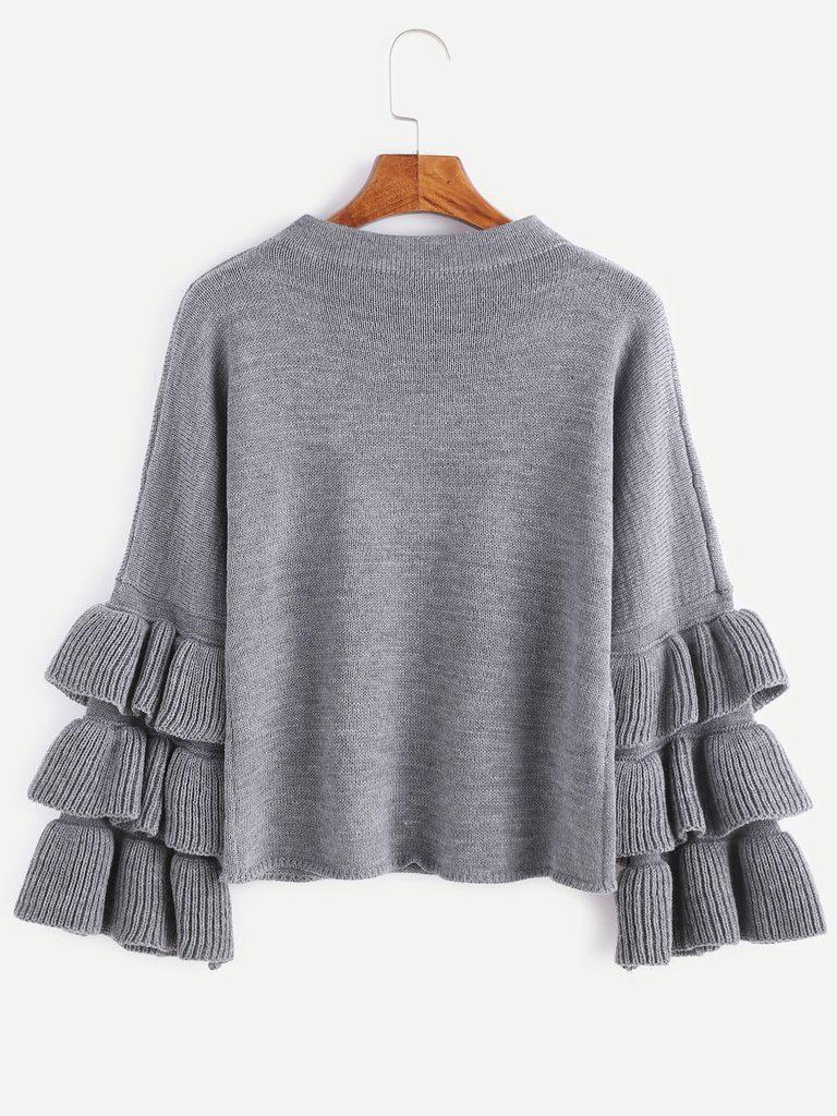 Grey Layered Ruffle Sleeve Pullover Sweater-outerwear-Des Mess