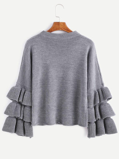 Grey Layered Ruffle Sleeve Pullover Sweater-outerwear-Des Mess