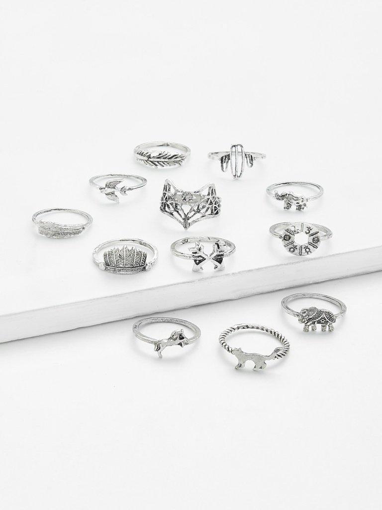 Leaf & Animal Design Ring Set 12Pcs-jewelry-Des Mess