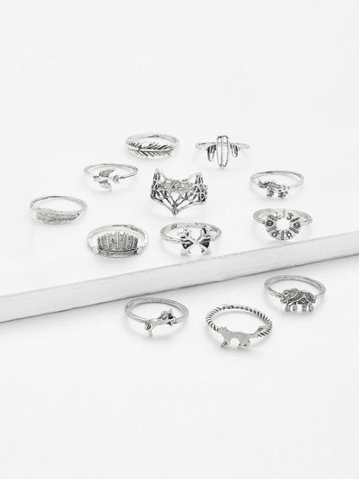 Leaf & Animal Design Ring Set 12Pcs-jewelry-Des Mess