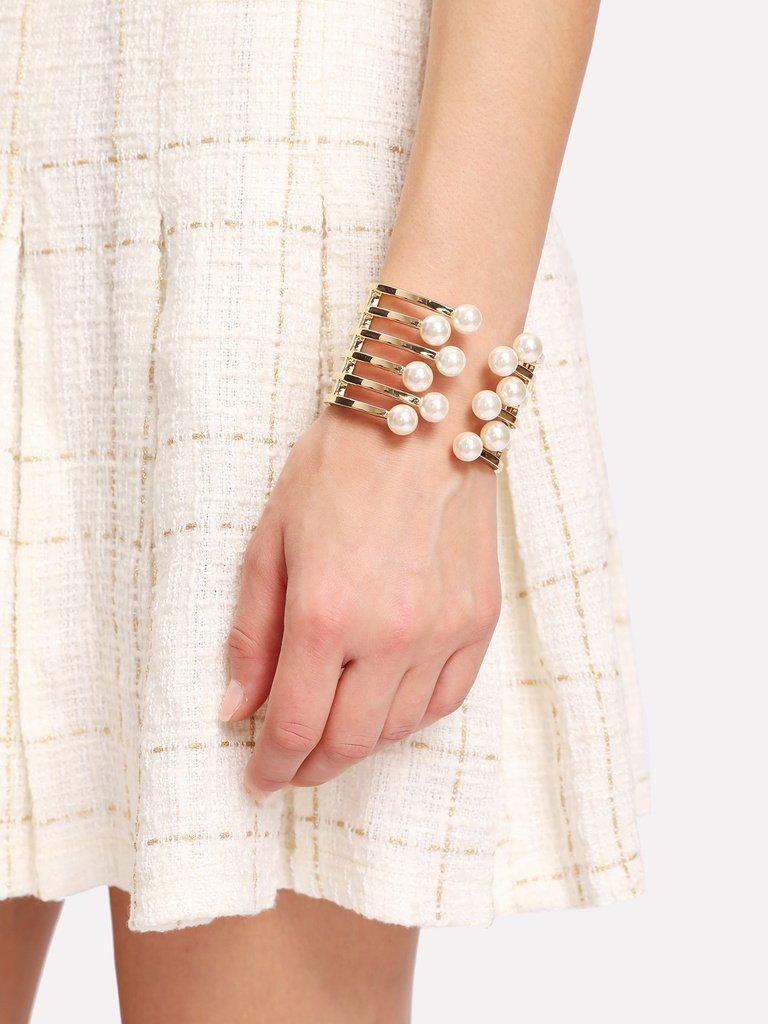 Faux Pearl Detail Layered Cuff Bracelet--Des Mess
