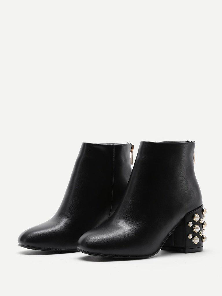 Faux Pearl Back Zipper PU Ankle Boots-shoes-Des Mess