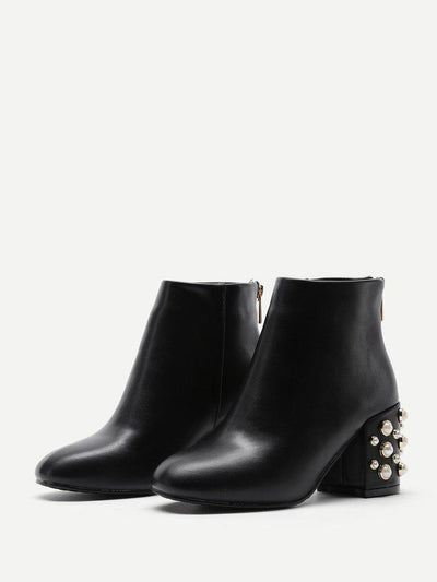 Faux Pearl Back Zipper PU Ankle Boots-shoes-Des Mess