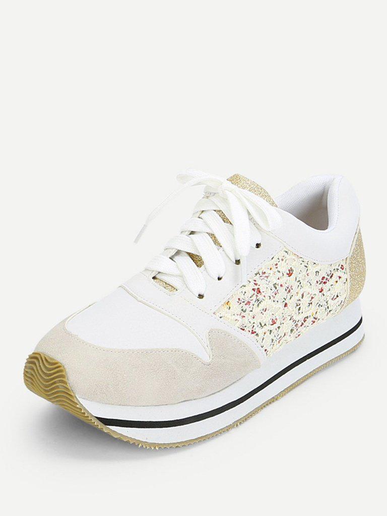 Flower Lace Panel Lace Up Trainers-shoes-Des Mess