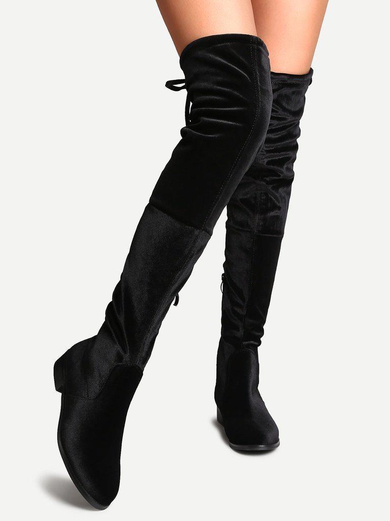 Black Faux Suede Side Zipper Tie Back Over The Knee Boots-shoes-Des Mess