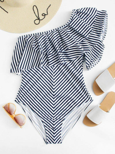 One Shoulder Ruffle Striped Swimsuit-swimwear-Des Mess