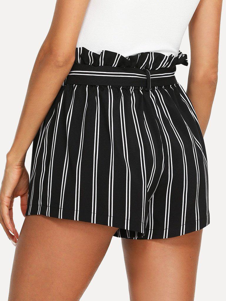 Belted Ruffle Waist Striped Shorts-bottom-Des Mess