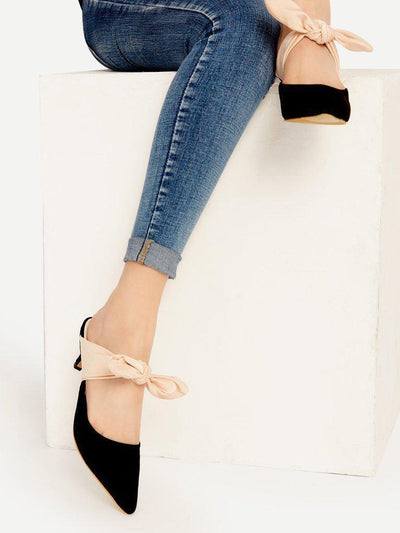 Black Point Toe Contrast Bow Tie Heeled Mules-shoes-Des Mess