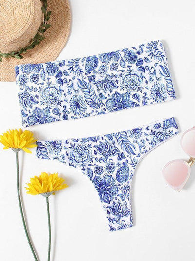 Flower Print Bandeau Bikini Set-swimwear-Des Mess