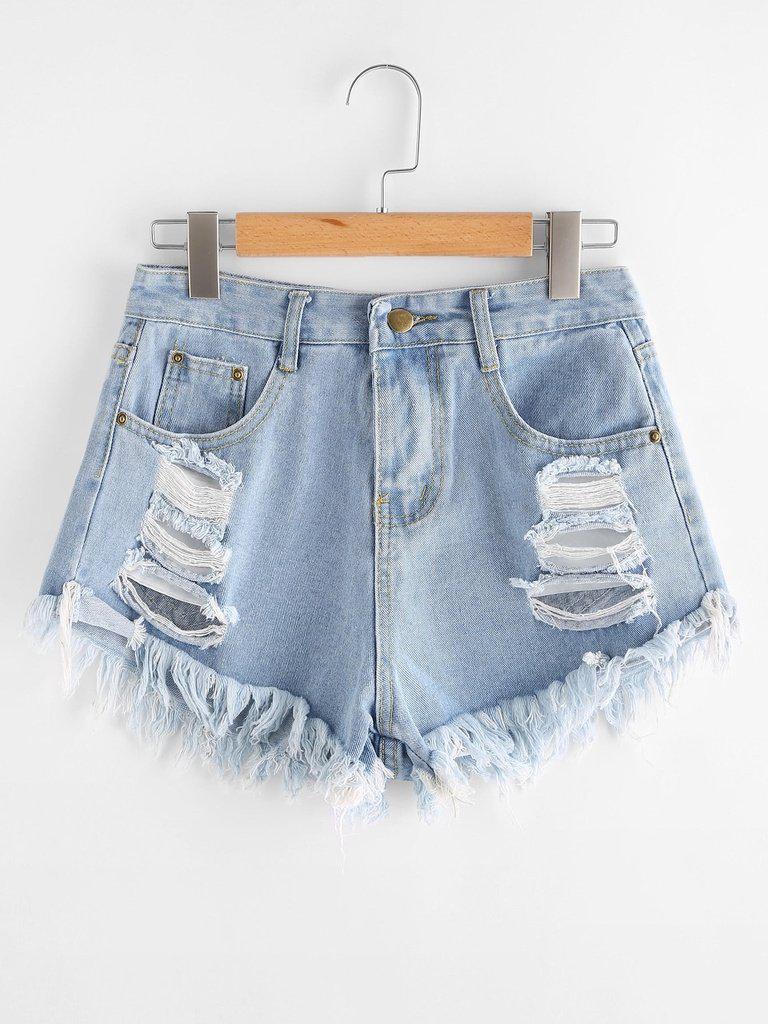 Destroyed Fray Hem Denim Shorts-bottom-Des Mess